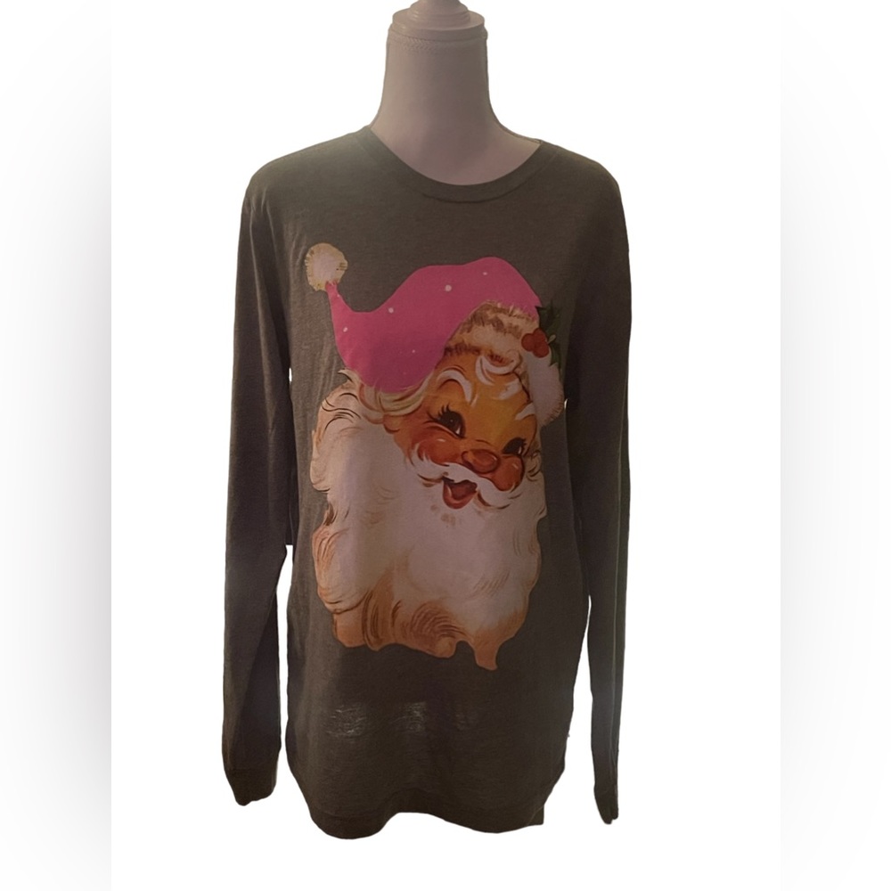 Pink Santa Women’s Gray Long Sleeve T-Shirt Size Medium New With Tags